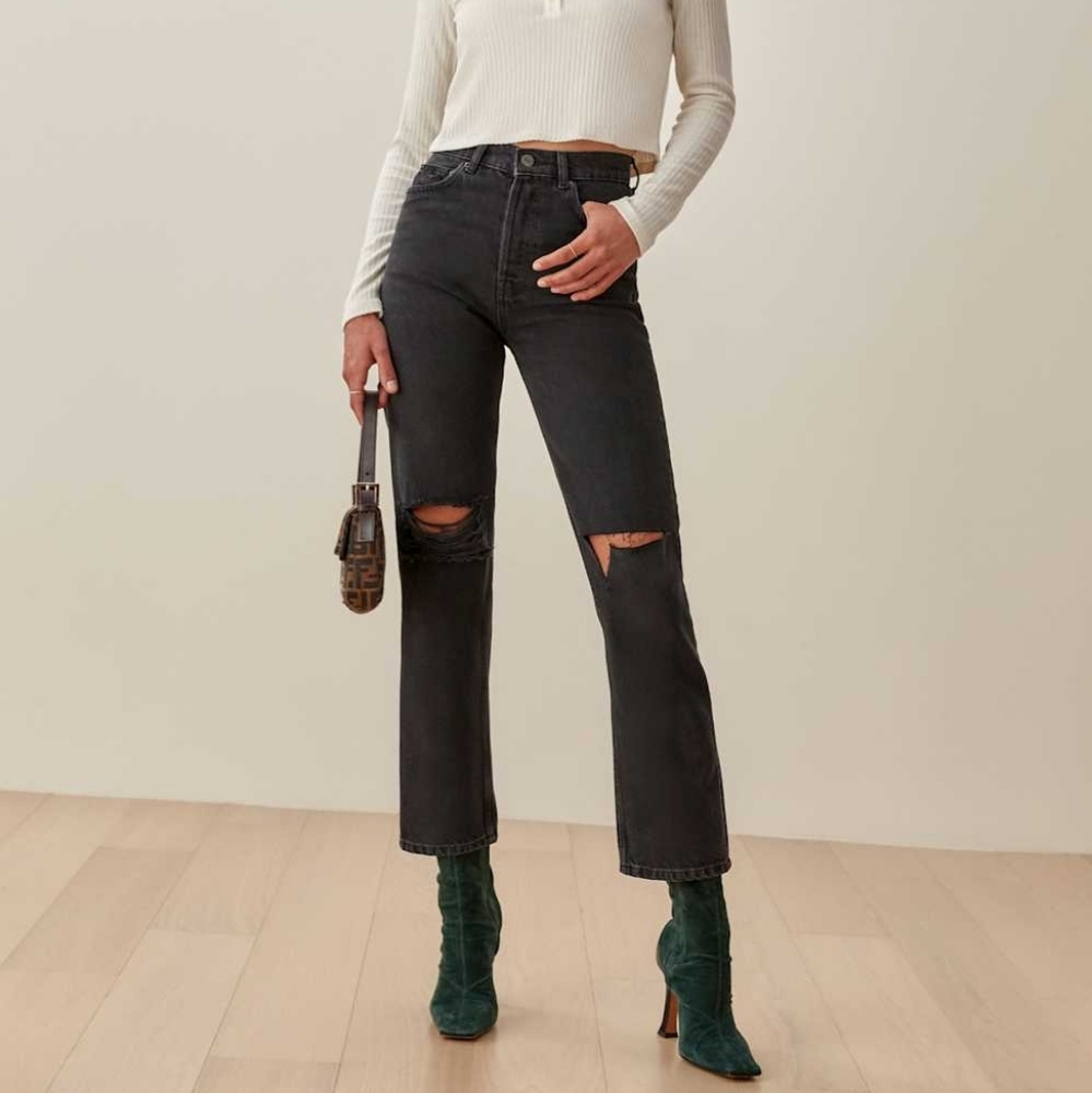 Reformation Cynthia High Rise Straight Jeans in Lagoon Destroyed Size 26
